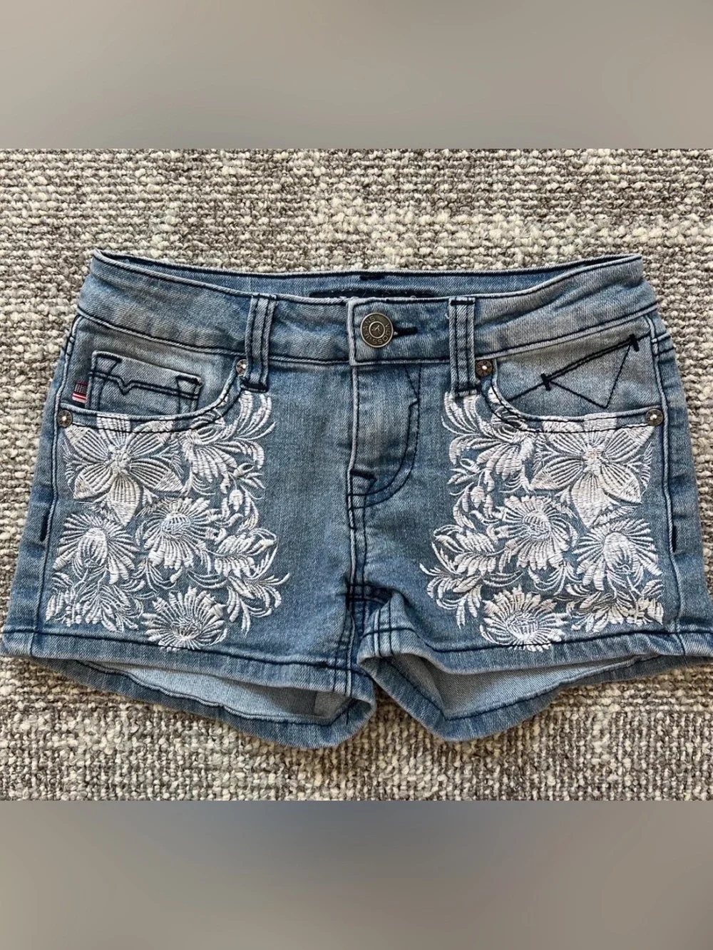 Vigoss Light Blue Denim Shorts with White Floral Embroidery